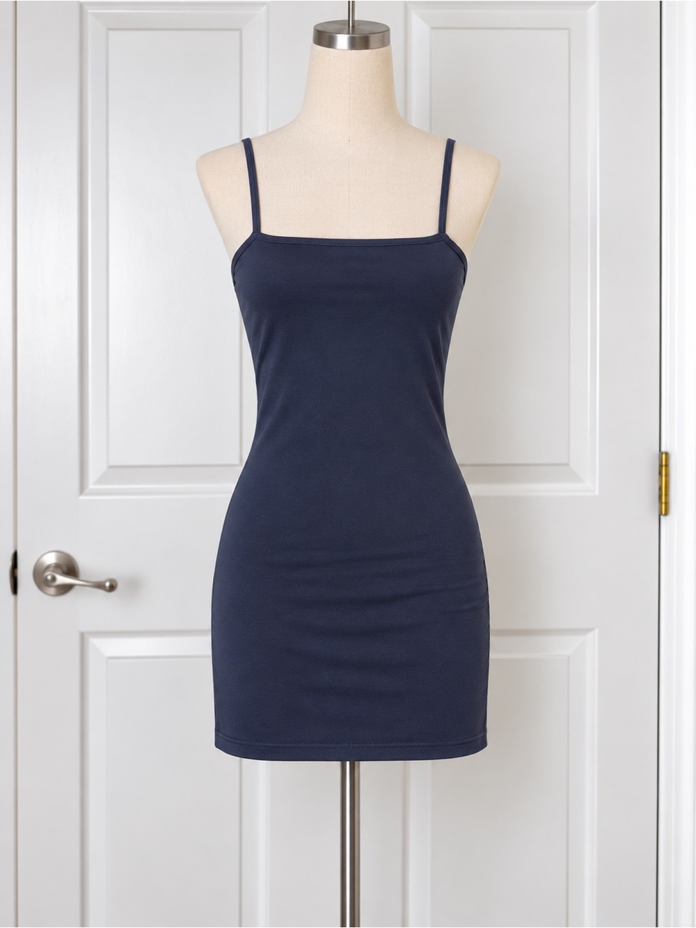 Forever 21 Women’s Blue Solid Knit Cotton Mini Dress L Square Neck Strappy